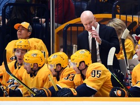 Matt Duchene (95) sits in front of Nashville Predators head coach John Hynes, who took over from first Peter Laviolette on Jan. 7. (Christopher Hanewinckel/USA TODAY Sports)