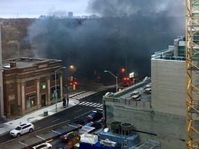 Black smoke billowing from the Rosedale Valley near Bloor St. E. and Sherbourne, as seen from the Toronto Sun offices on Sunday, Jan. 12 2020