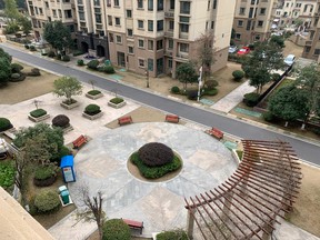 A park on a university campus in Wuhan, China stands deserted