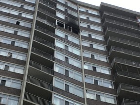 The burned-out 18th-floor unit at 25 Bay Mills Blvd. where a woman was found Monday, Jan. 13, 2020. She later died. (Kevin Connor/Toronto Sun)