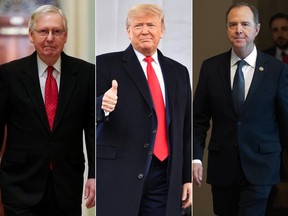 From left to right, U.S. Senate Majority Leader Mitch McConnell (R-KY), U.S. President Donald Trump, and U.S. Representative Adam Schiff (D-CA).