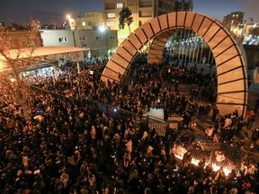 Iranians students demonstrate following a tribute for the victims of Ukraine International Airlines Boeing 737 in front of the Amirkabir University in the capital Tehran, on Saturday, Jan. 11, 2020. (Photo by ATTA KENARE/AFP via Getty Images)