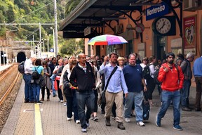 Tour groups can crowd Cinque Terre train platforms in peak season. (Cameron Hewitt)