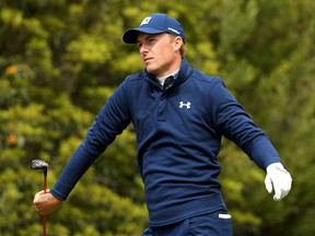 Jordan Spieth catches his club after hitting an errant tee shot on the fourth hole during the final round of the Genesis Open at Riviera Country Club on February 17, 2019 in Pacific Palisades, California. (Harry How/Getty Images)
