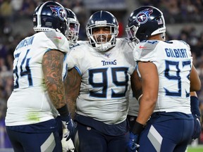 Titans defender Jurrell Casey (99) and teammates celebrate after a fumble by the Ravens during the AFC Divisional Playoff game at M&T Bank Stadium in Baltimore, on Jan. 11, 2020.