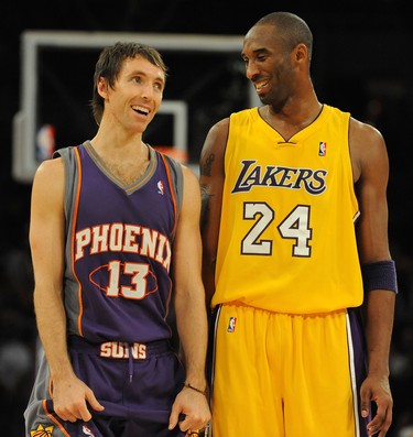 Steve Nash, left, of the Suns laughs with Kobe Bryant, right, of the Lakers during the second half of an NBA game at the Staples Center in Los Angeles, on Dec., 10 2008.