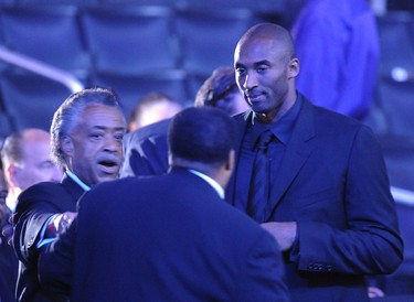 Reverend Al Sharpton (left) and Kobe Bryant of the Lakers arrive at the Michael Jackson public memorial service held at Staples Center in Los Angeles on July 7, 2009.