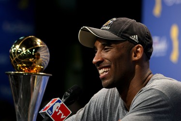 Kobe Bryant of the Lakers smiles smiles during the post-game news conference after the Lakers defeated the Magic 99-86 to win the NBA Championship in Game 5 of the 2009 NBA Finals on June 14, 2009 at Amway Arena in Orlando, Fla.