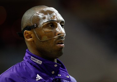 Kobe Bryant of the Lakers looks on during warms up prior to the start of a game against the Wizards at the Verizon Center in Washington, D.C., on March 7, 2012.