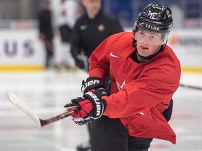 Canada's Alexis Lafreniere, who missed the last two games with a knee injury, shoots during the team's practice at the World Junior Hockey Championships on Wednesday, Jan. 1, 2020, in Ostrava, Czech Republic.