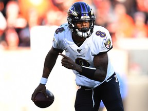 Lamar Jackson of the Baltimore Ravens runs with the ball against the Cleveland Browns at FirstEnergy Stadium on December 22, 2019 in Cleveland. (Jason Miller/Getty Images)