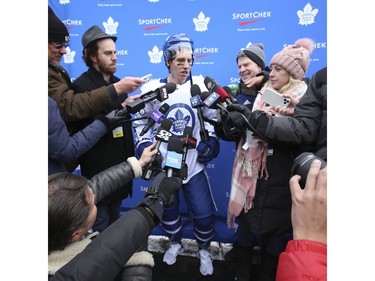 Toronto Maple Leafs held their annual outdoor practice at Nathan Phillips Square (Pictured) Toronto Maple Leafs Mitch Marner speaks to the media in Toronto on Thursday January 9, 2020. Jack Boland/Toronto Sun/Postmedia Network