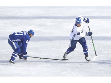 Toronto Maple Leafs held their annual outdoor practice at Nathan Phillips Square (Pictured) Toronto Maple Leafs Zach Hyman C (11) blocks Williasm Nylander from cutting through centre ice  to  in Toronto on Thursday January 9, 2020. Jack Boland/Toronto Sun/Postmedia Network