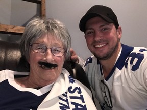 Donna Thomson, 71, is seen here with her neighbour and friend Grant Joseph Haire, 33, who helped make her dying wish to meet Toronto Maple Leafs star Auston Matthews come true. (supplied photo)