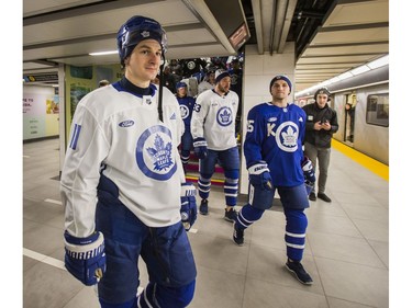 Toronto Maple Leafs Zach Hyman along with the team board the TTC subway at Union Station in Toronto, Ont. on Thursday January 9, 2020. They were making their way to their annual outdoor public skate at Nathan Philips Square Ernest Doroszuk/Toronto Sun/Postmedia