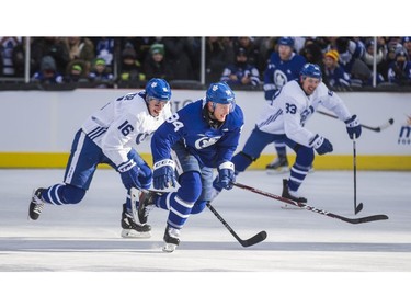 Toronto Maple Leafs (from left) Mitchell Marner, Tyson Barrie and Frederik Gauthier  during the team's annual outdoor skate at Nathan Philips Square in Toronto, Ont. on Thursday January 9, 2020. Ernest Doroszuk/Toronto Sun/Postmedia