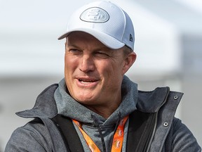 San Francisco general manager John Lynch talks with John Elway during Senior Bowl practice at Ladd-Peebles Stadium in Mobile, Ala., on Jan. 22, 2020.