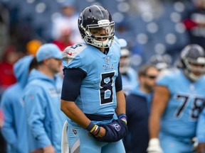 Titans quarterback Marcus Mariota warms up before the game against the Texans at Nissan Stadium in Nashville on Dec. 15, 2019.