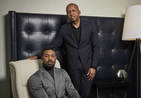 This Dec. 16, 2019 photo shows actor Michael B. Jordan, left, and civil rights attorney Bryan Stevenson posing for a portrait in New York to promote the film “Just Mercy.” (Matt Licari/Invision/AP)