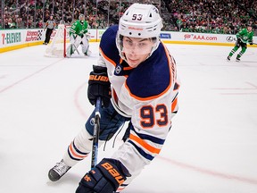 Edmonton Oilers centre Ryan Nugent-Hopkins in action during the game between the Oilers and the Dallas Stars at the American Airlines Center in Dallas on Dec. 16, 2019.