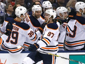 Edmonton Oilers forward Connor McDavid celebrates his goal against the Toronto Maple Leafs at Scotiabank Arena in Toronto on Jan. 6, 2020.