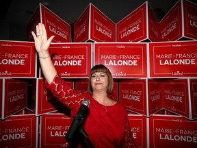 Winning federal Liberal candidate for Orleans Marie-France Lalonde arrives at her celebration party in Ottawa on Monday, Oct 21, 2019.