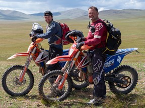 Jamie Clarke (front) and his son, Khobe, during their Mongolian adventure.
