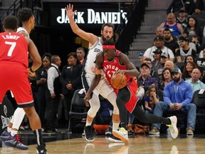 Raptors forward Pascal Siakam (43) moves in against Spurs guard Marco Belinelli (18) during first half NBA action at the AT&T Center in San Antonio, on Jan. 26, 2020.