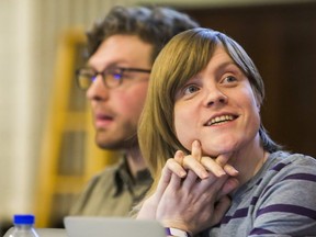 Pride Toronto Board Christin Milloy and Ande Clumpus during the Pride Annual General Meeting on Wednesday.