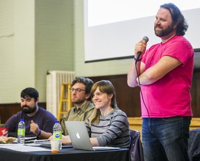 Pride Toronto Board Chair Michael Erickson (from front), along with board members Christin Milloy, Ande Clumpus and Brian De Matos during Prides Annual General Meeting on Wednesday