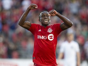 Toronto FC's Richie Laryea celebrates after scoring during against the San Jose Earthquakes in Toronto on Sunday, May 26, 2019. (THE CANADIAN PRESS/FILES)