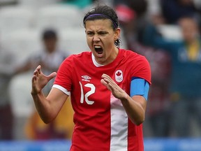 Canadian soccer star Christine Sinclair celebrates one of her 185 international goals. (REUTERS/Paulo Whitaker)