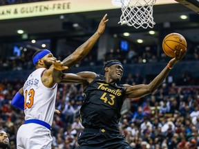 Pascal Siakam of the Toronto Raptors drives to the basket against Marcus Morris Sr. of the New York Knicks at Scotiabank Arena on Nov. 27, 2019. (ERNEST DOROSZUK/Toronto Sun files)
