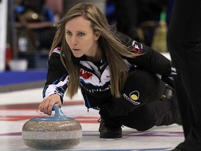 Skip Rachel Homan of the Ottawa Curling Club delivers a rock against Team Chelsea Brandwood of St. Catharies Golf & Country Club during the Scotties Tournament of Hearts Provincial Championship in Cornwall on Jan. 28, 2020. Team Homan won 8-5.  (IAN MacALPINE/Postmedia Network)