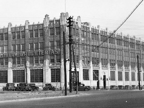 The new Loblaw's warehouse at the northeast corner of Lake Shore Blvd. and Bathurst St. just months after it was first occupied by the grocery company's various departments. The company conducted the first public tour of this mammoth $1.25 million, 300,000 sq. ft. facility on March 19, 1930. In addition to manufacturing and packaging such goods as butter, mayonnaise, bacon, tea, coffee, cakes, candy and peanut butter, the staff -- often numbering 250 or more -- enjoyed side benefits such as in-house bowling, billiards, a well stocked cafeteria as well as the use of an auditorium for concerts and staff-produced plays.