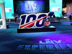 An NFL 100 display is seen during the Grand Opening of the NFL's Super Bowl Experience at the Miami Beach Convention Center in Miami, on Saturday, Jan. 25, 2020.