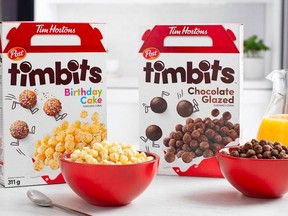 Timbits cereal is shown. It apparently takes 46 Timbits to cover a two-metre span -- the distance deemed safe during the COVID-19 pandemic.