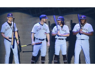 The Toronto Blue Jays' Cavan Biggio, Randal Grichuk, Bo Bichette & Vladimir Guerrero Jr. introduce their new look uniform today at Jays in Toronto, Ont. on Saturday January 18, 2020. Stan Behal/Toronto Sun/Postmedia Network