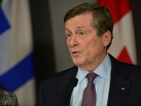 Toronto Mayor John Tory speaks to media during a press conference at city hall on Tuesday, Nov. 26 2019, announcing a new funding model for the Toronto Community Housing Corporation. (Bryan Passifiume/Toronto Sun)