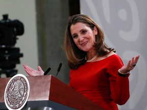 Canadian Deputy Prime Minister Chrystia Freeland speaks during a meeting at the Presidential Palace, in Mexico City, Mexico December 10, 2019.