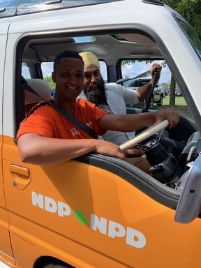 Hamilton Centre MP Matthew Green gives federal NDP Leader Jagmeet Singh a ride in his distinctive Subaru ‘Kei’ van in Hamilton, Ont. on Sept. 9, 2019.