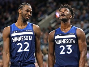 The Raptors take on Canadian Andrew Wiggins (left), Jimmy Buttler and the Minnesota Timberwolves tonight. (Getty images)