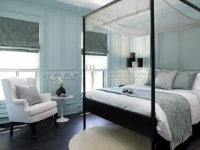 A well designed bedroom is sublimely restful. Here, Colin and Justin attached MDF panelling, painted it French grey, added a fourposter bed, a comfy chair and soothing textiles to awaken the space.
