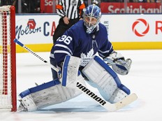Jack Campbell in his Toronto Maple Leafs debut against the Anaheim Ducks on February 7, 2020 in Toronto, Ontario, Canada. (Photo by Claus Andersen/Getty Images)