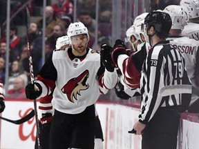 Arizona Coyotes forward Taylor Hall celebrates  after scoring a goal against the Montreal Canadiens on Monday night. (USA TODAY SPORTS)