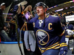 Buffalo Sabres' Jack Eichel takes to the ice for warmups before a game against the Detroit Red Wings at KeyBank Center on Feb. 11, 2020 in Buffalo, N.Y. (Timothy T Ludwig/Getty Images)