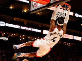 Rondae Hollis-Jefferson of the Raptors dunks against the Atlanta Hawks. Holliis-Jefferson is working hard on becoming a better shooter.  Photo by Kevin C. Cox/Getty Images)
