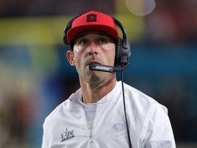 Head coach Kyle Shanahan of the San Francisco 49ers reacts against the Kansas City Chiefs during the second quarter in Super Bowl LIV at Hard Rock Stadium on February 2, 2020 in Miami, Florida.