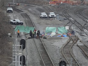 Protestors block CN rail lines heading out of Hamilton towards the Aldershot GO station on Feb. 25, 2020. (Jack Boland, Toronto Sun)