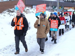 Elementary Teachers Federation of Ontario members take part in a one-day strike in Sudbury on Feb. 4, 2020. (Postmedia Network)